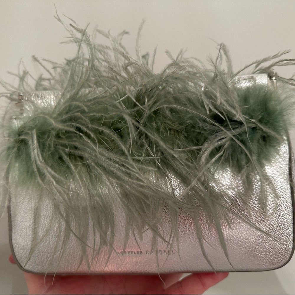 Loeffler Randall Silver and Green Feather Clutch